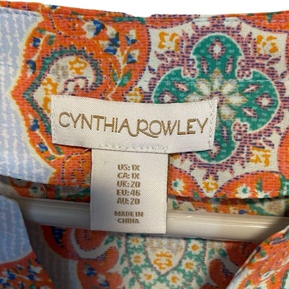 CYNTHIA ROWLEY- Blue and Orange Medallion Print Boho Tunic Top, Plus Size 1X - Picture 2 of 12